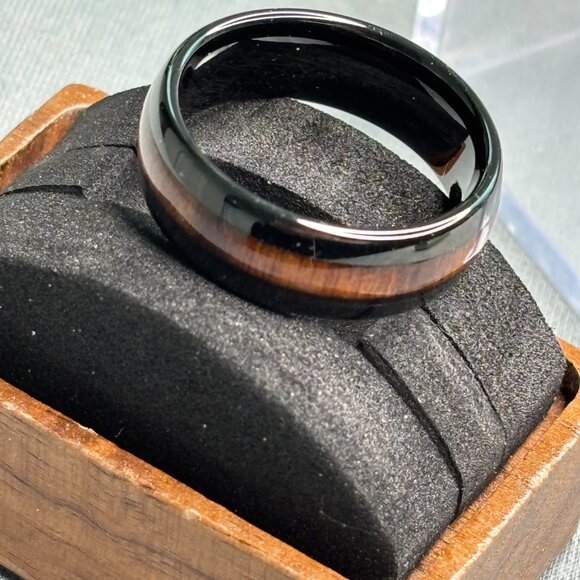 Black Tungsten Koa Ring for Men - Picture 5 of 7